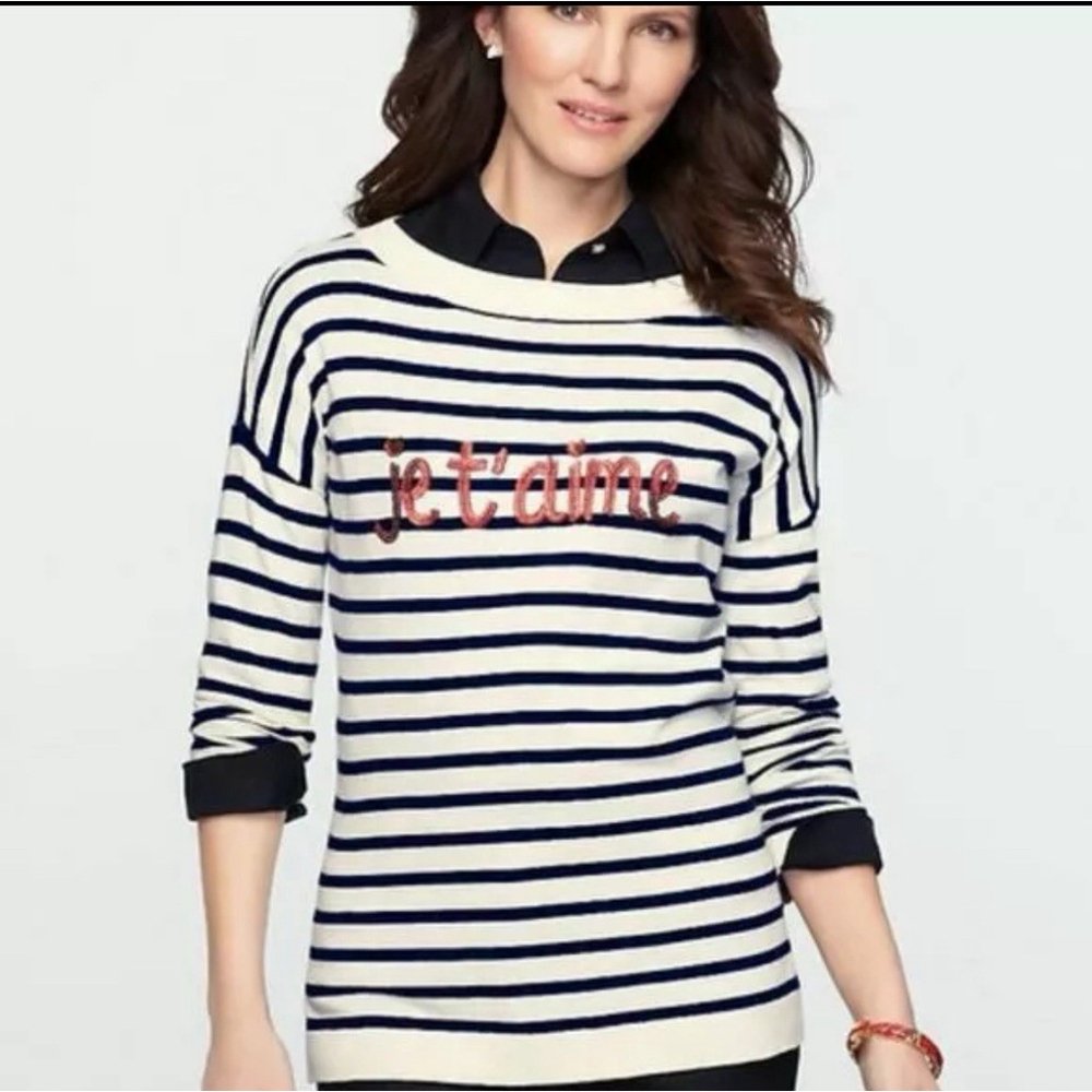 Talbots Sequin Je t’aime Striped Sweater Womens Ivory Navy Pullover Sz M